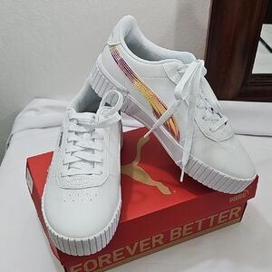 Puma Kids White Sneakers with Iridescent Pink-Gold Side Stripe